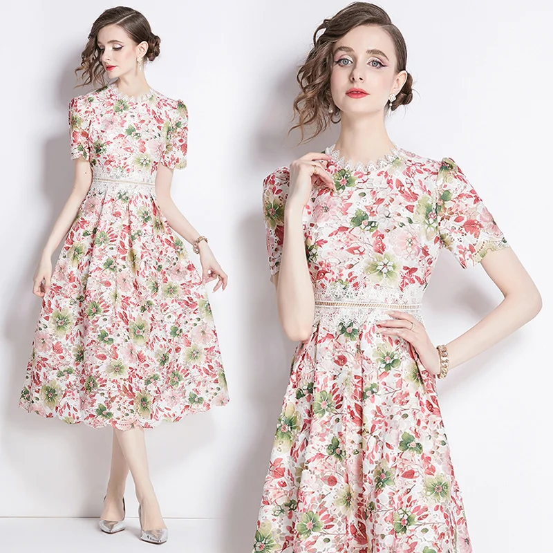 

Новинка 2024, роскошные модные кружевные платья с цветочным принтом и крючком, женское летнее облегающее Элегантное Длинное Платье-трапеция с круглым вырезом