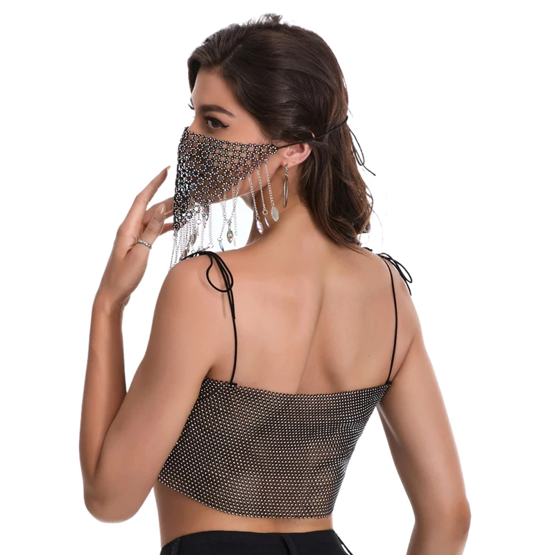Shiny Crystal Fishnet Rhinestone Cami Top Women Tie‑Up Spaghetti Strap Ruched Hollow Crop Top Night Club Rave Going‑Out Tops – Detail 4