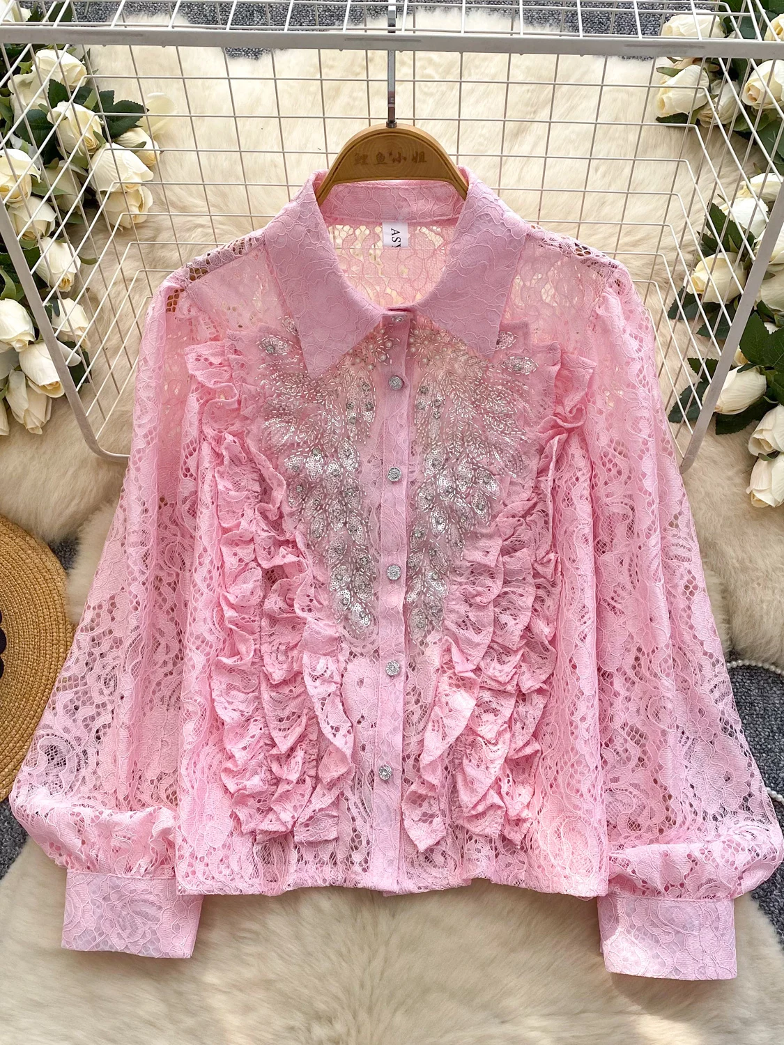 

2026 Новая осенняя женская рубашка с отложным воротником и длинными рукавами, однобортная однобортная кружевная рубашка с бисером и пайетками, топы
