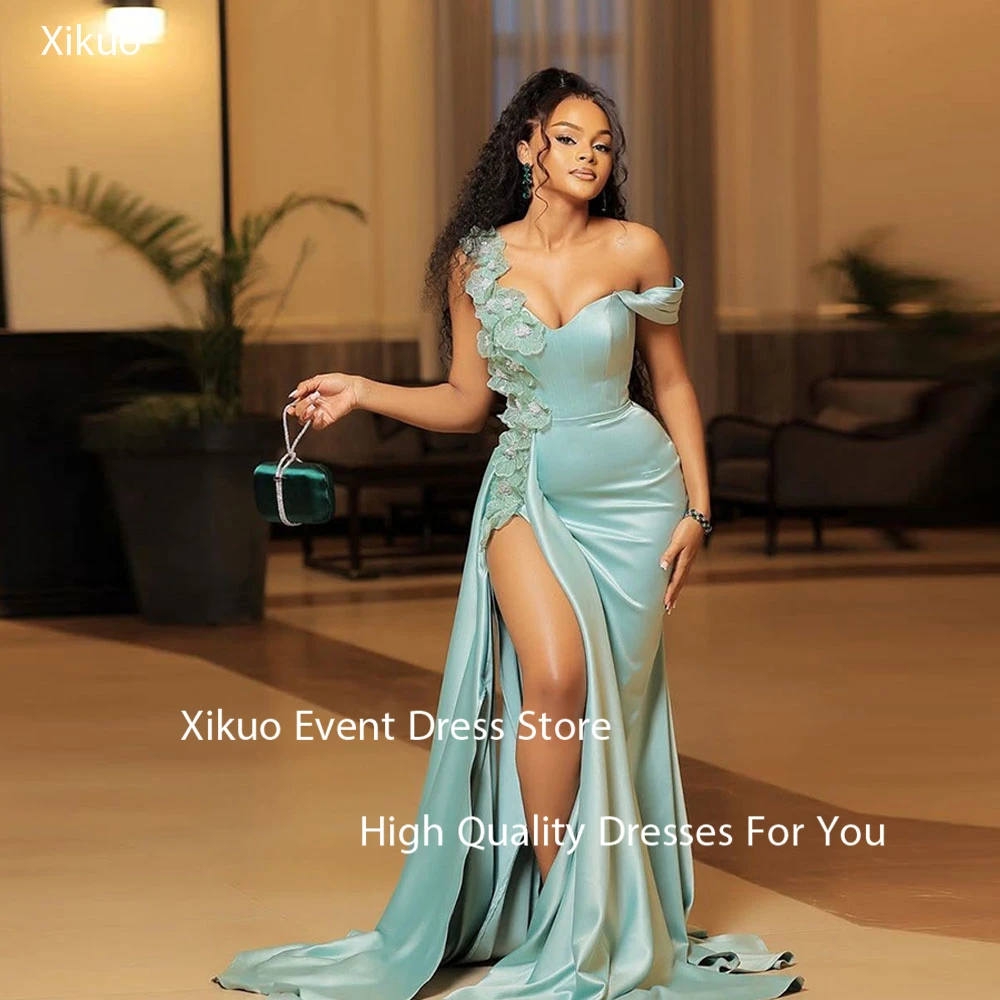 

Xikuo Fashion Satin Prom Gowns Mermaid Side Slit Vestidos Para Eventos 3D Flowers Sweetheart Cocktail Evening Dresses Customized