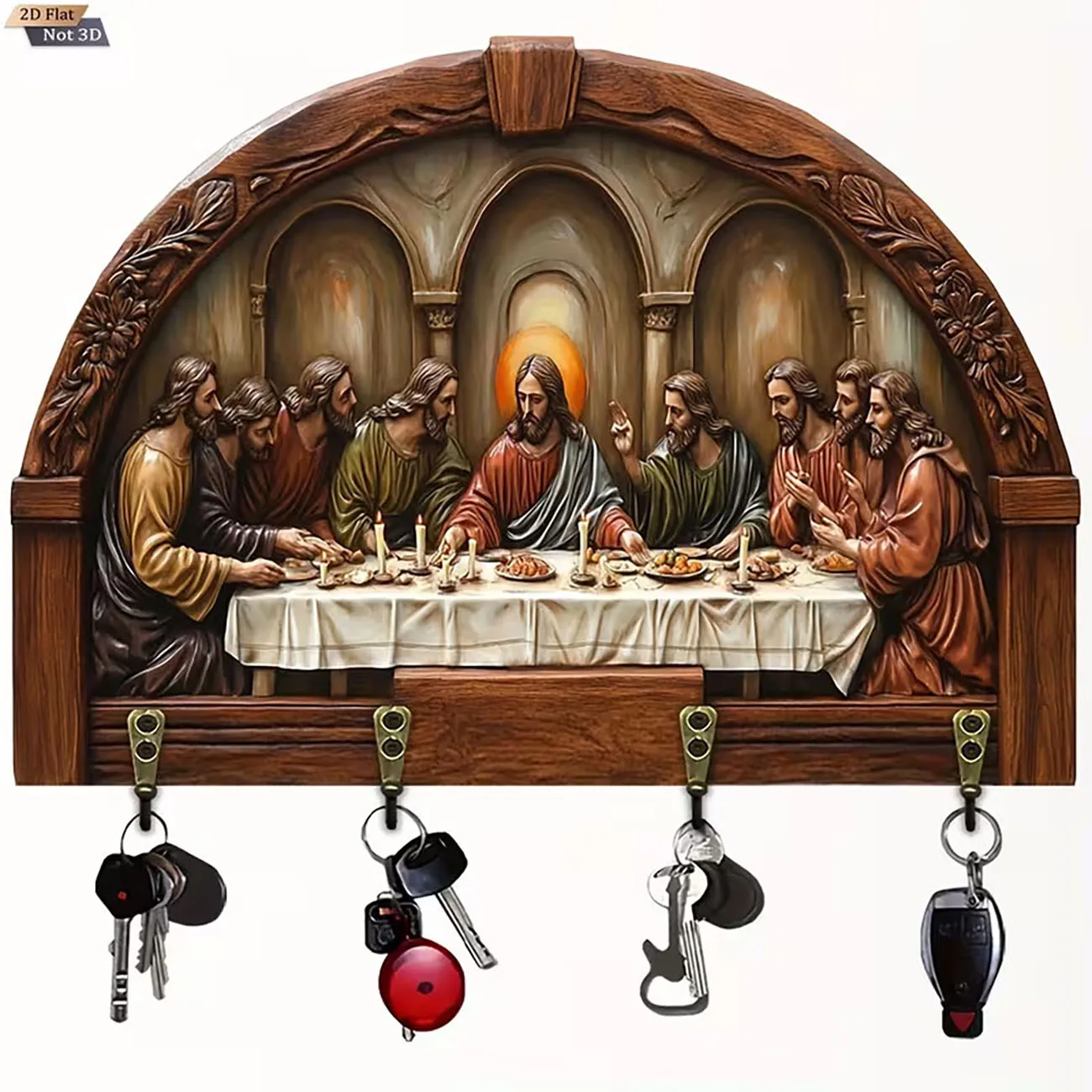 2D Flat Key Holder with The Last Supper Print, Four Hooks, Classic Christian Religious Wall Decor for Entryway