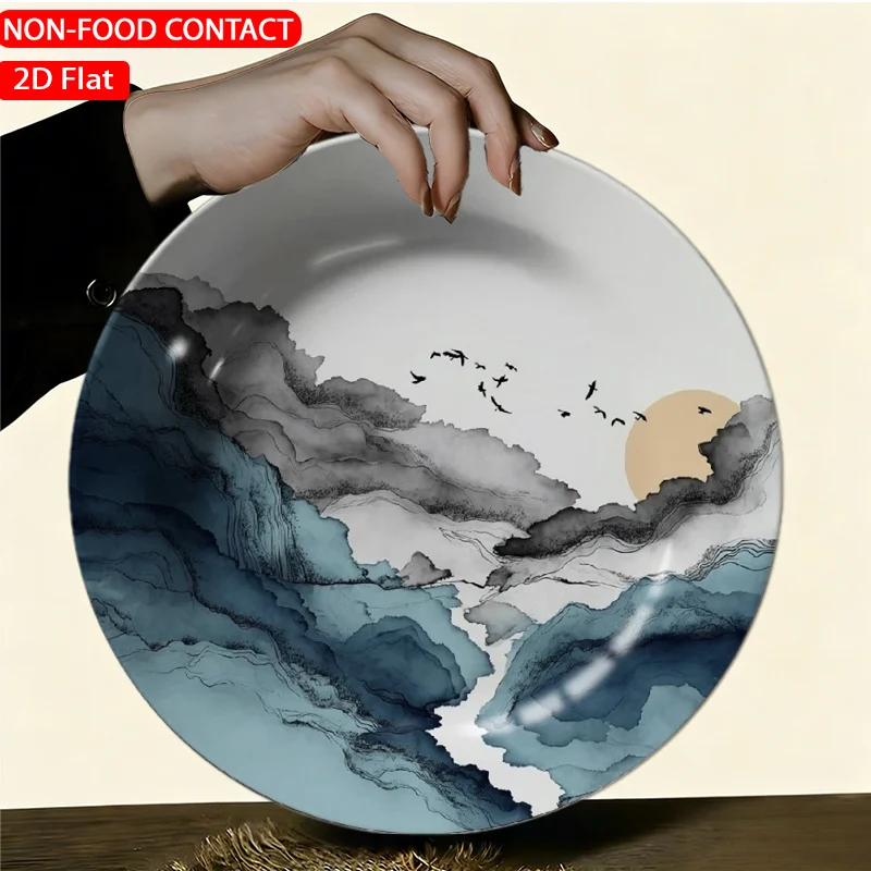 1pc Elegant Ceramic Decorative Plate-Abstract Ink Wash Mountain Landscape Blue Theme Design Non-Food Contact, Home Desk