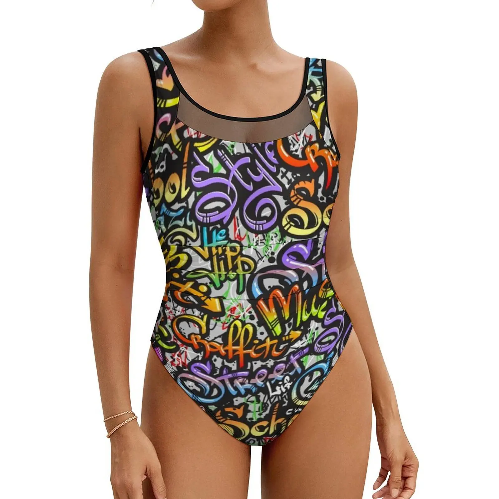 

Word Graffiti Street Art Swimsuit Sexy Letter Print Women Swimwear One Piece Swimsuits Beach Push Up Sleeveless Bathing Suits