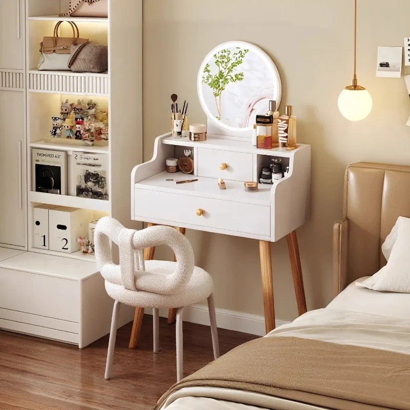 2025 Modern Minimalist Narrow Makeup Vanity Table Dual Function Integrated Mirror LED Storage Compact Bedroom