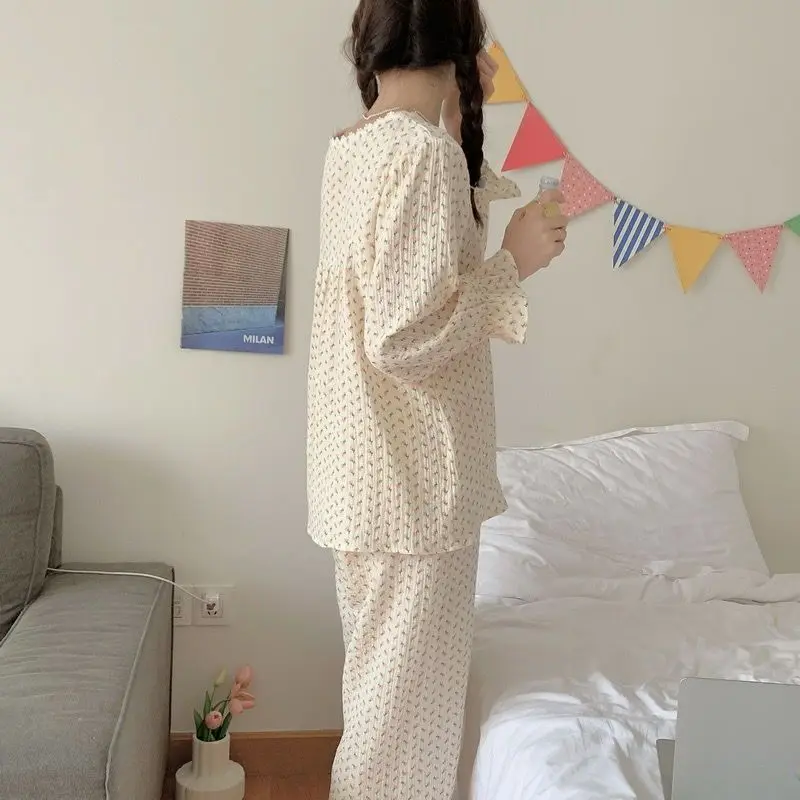 Floral Sleepwear Women Pajama Sets Korean Piiama Ruffle Pants Sets for Women 2 Pieces Autumn Button Night Wears O-neck Home Suit