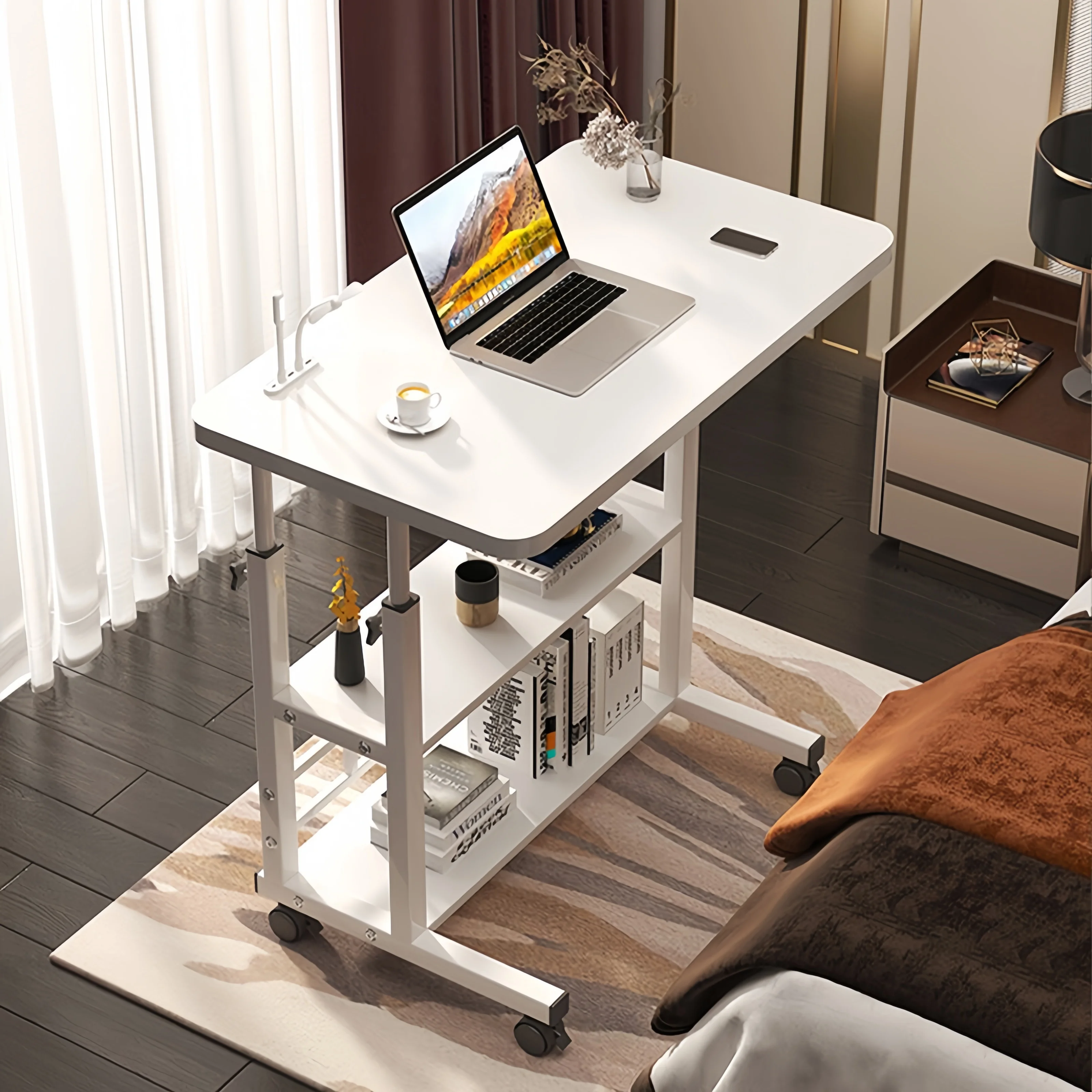 이동식 사이드 테이블 높이조절 책상 Mobile Bedside Table Household Lifting Computer Desk Simple Double layer Small