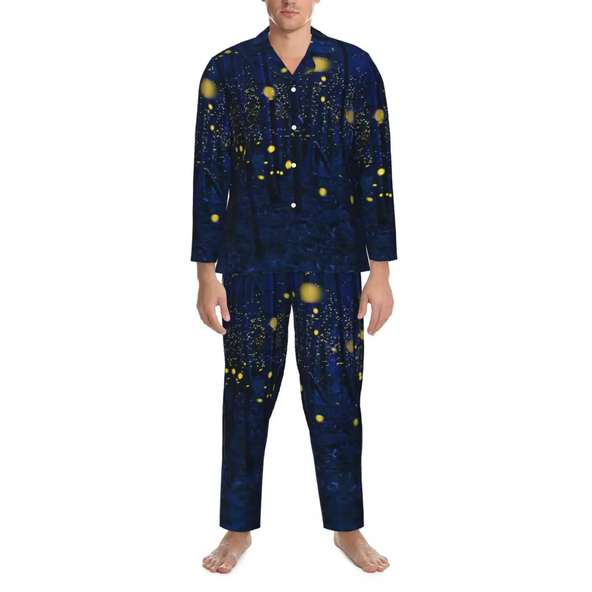 Pajamas Men Forest Print Room Nightwear Fireflies Two Piece Casual Pajama Sets Long Sleeve Romantic Oversized Home Suit