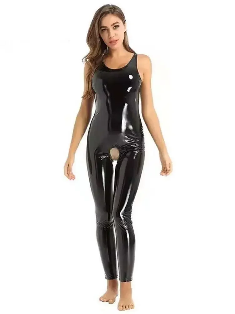 Sleeveless Wet Look PVC Catsuit Crotchless Open Crotch Bodysuit Tights Sexy Jumpsuit Shiny PU Leather Conjoined Clubwear Leotard