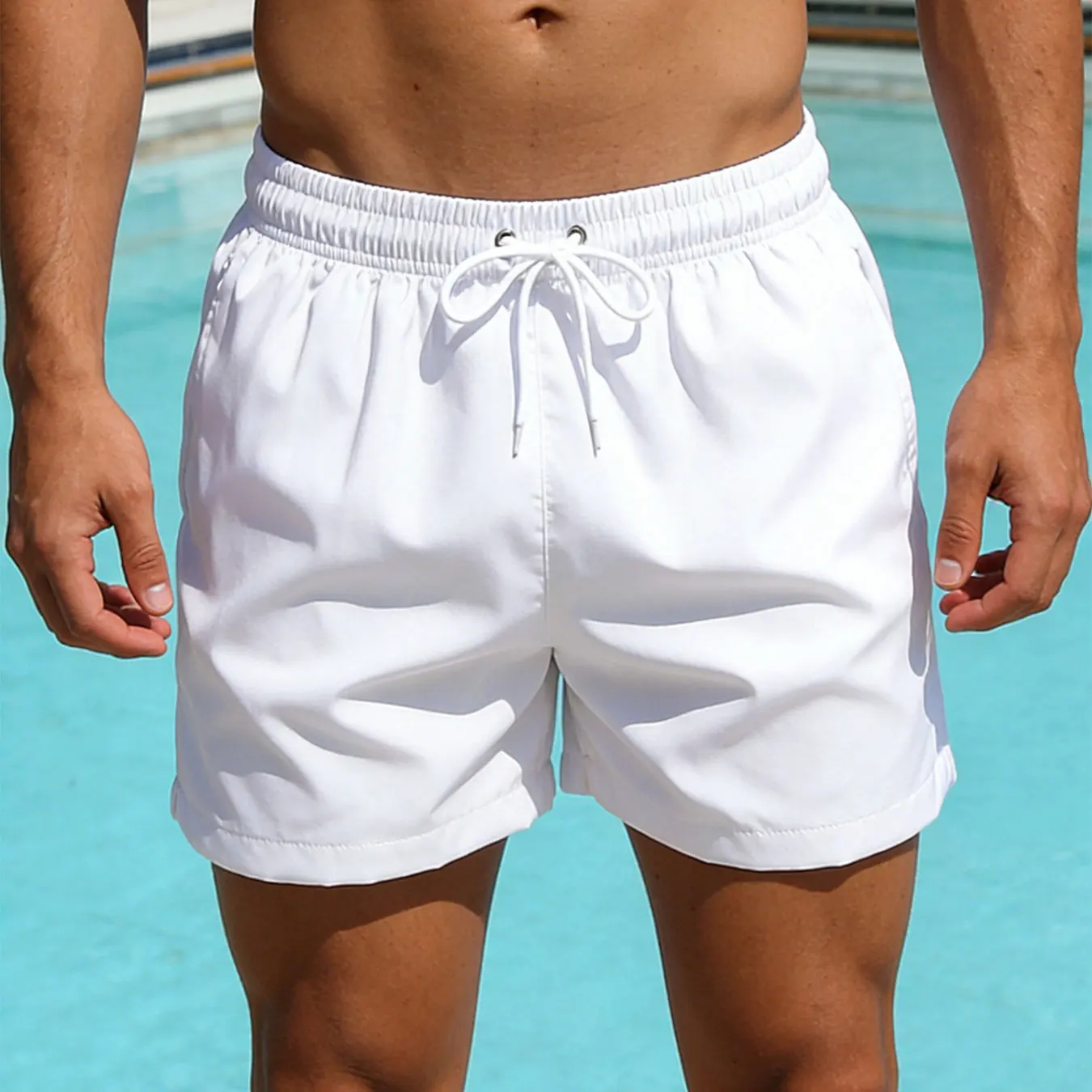 2026 New Men's Swim Shorts Quick Dry Solid Color Beach Trunks Summer Casual Board Shorts with Drawstring for Swimming Surfing