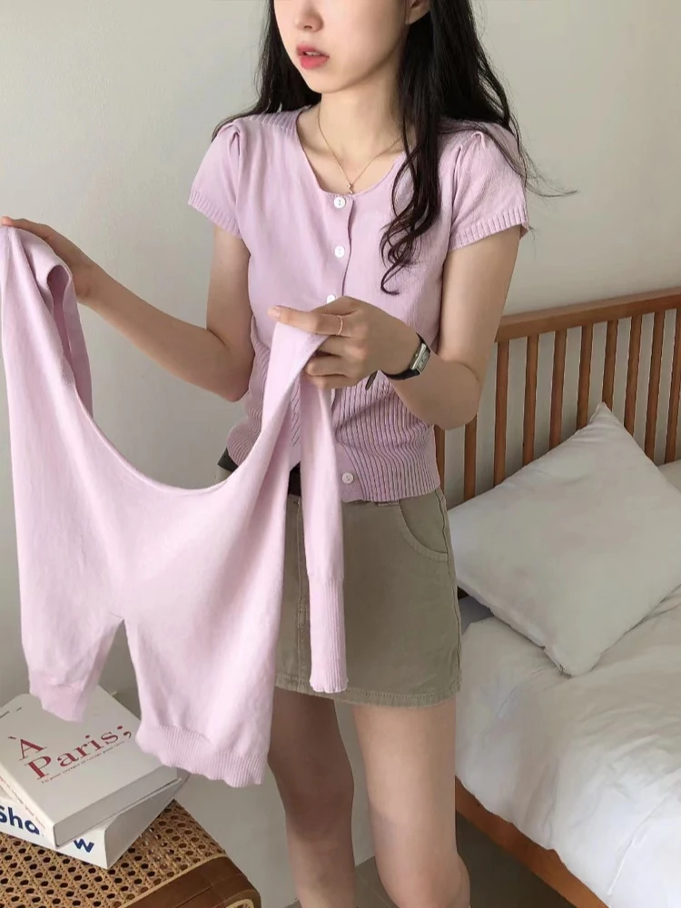 

Korean Sle Knitted Thin Cardigan Women's round Ne Single Button Ele Top plus Versatile awl Two Piece Set