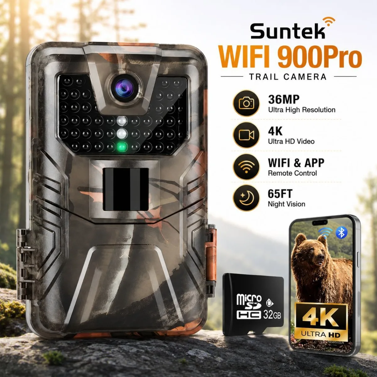 4K Outdoor Wifi Hunting Camera APP Control Trail Camera Wireless Bluetooth 36MP 65FT Night Vision Motion Wildlife Traps Photo