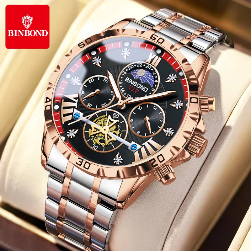 BINBOND Trend Fashion Men Watches Fine Steel Original Brand Quartz Wristwatch for Man Flywheel Chronograph Moon Phase Waterproof