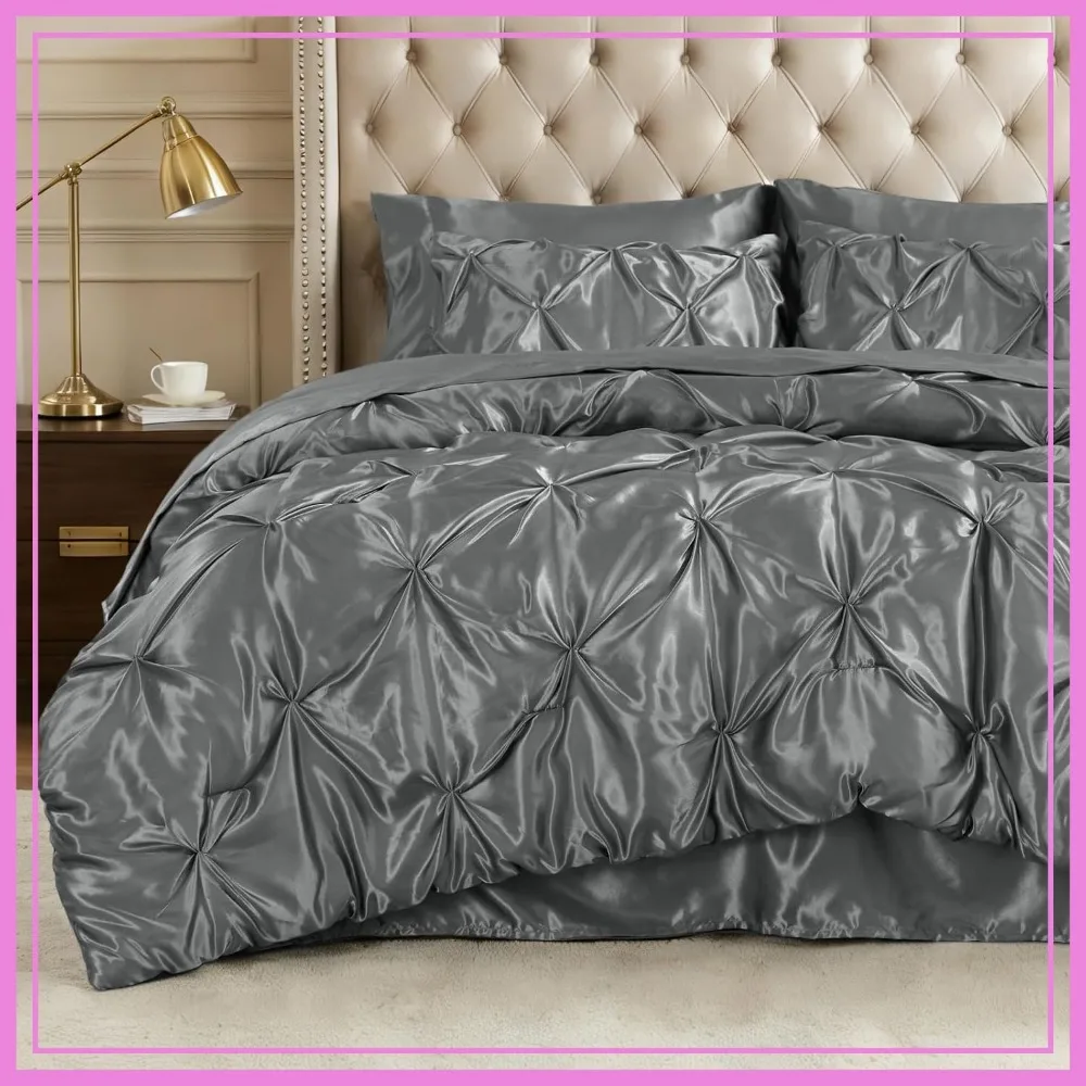 

7-Piece Pintuck Comforter Set Queen Size, Bed in A Bag with Sheets, Soft Similar to Silk Bedding Set for All Seasons