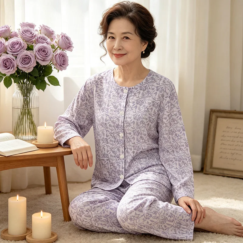 Middle Aged and Elderly Women's Autumn New Round Neck Cardigan Long Sleeved High-End Small Floral Home Suit Set Ladies Sleepwear