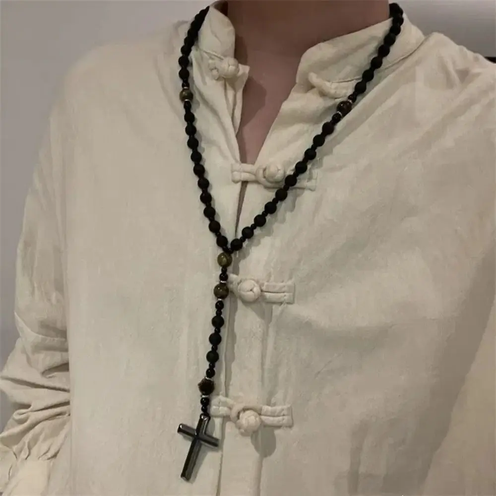 

Fashion Cross Pendant Beaded Long Necklace Charm Women Men Tiger-eye Beads Necklace Accessory Rosary Neck Jewelry Gifts