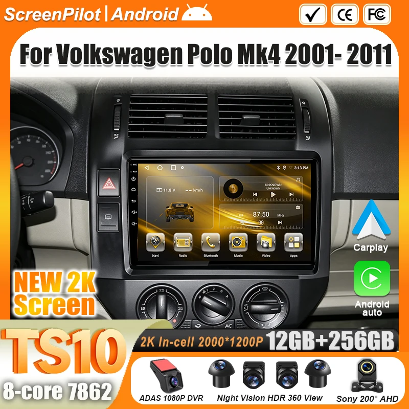 9 Inch Android 16 For Volkswagen Polo Mk4 2001-2011 Car Radio Stereo Head Unit Multimedia Video Player GPS Navigation 2K QLED 5G