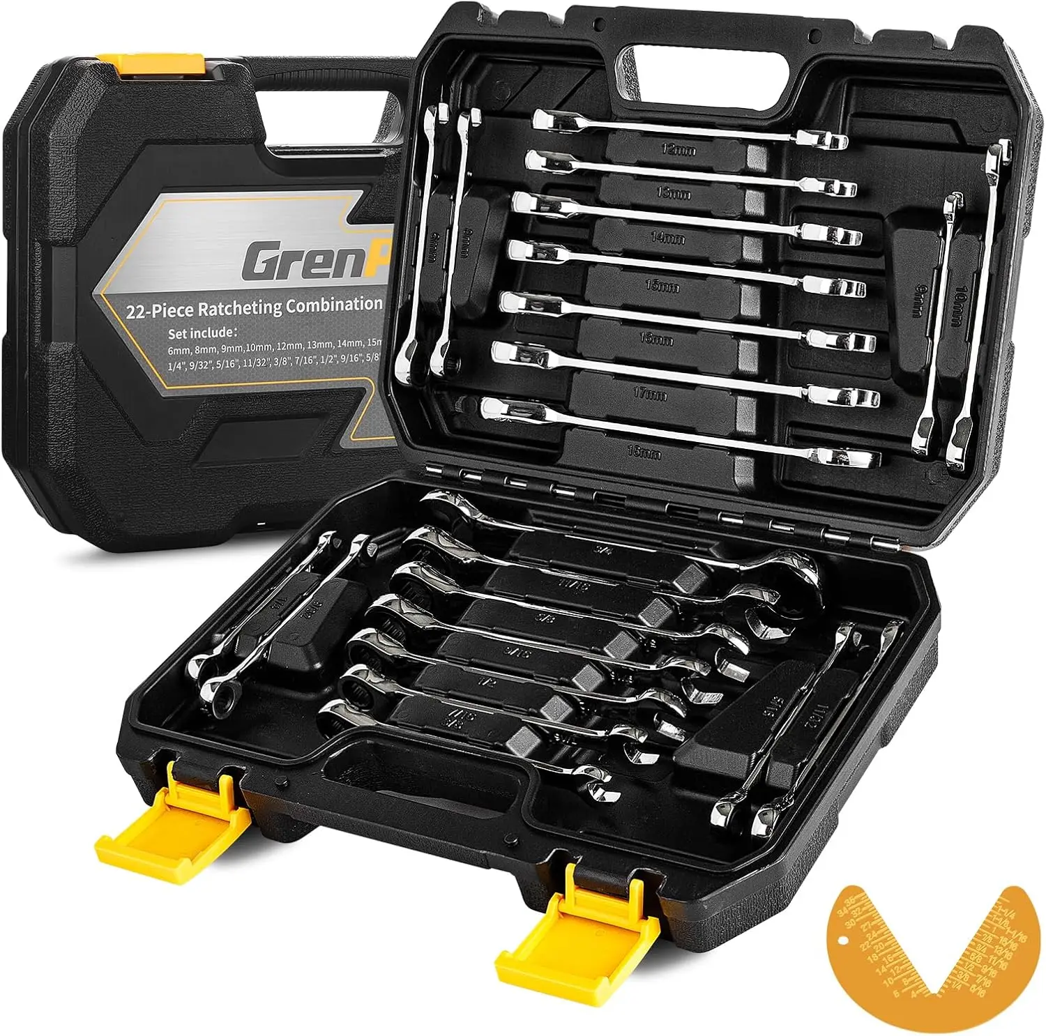 

23-Piece Ratcheting Wrench Set with Metric and SAE Sizes, 72-Tooth Gear, Includes Tool Box for Easy Storage