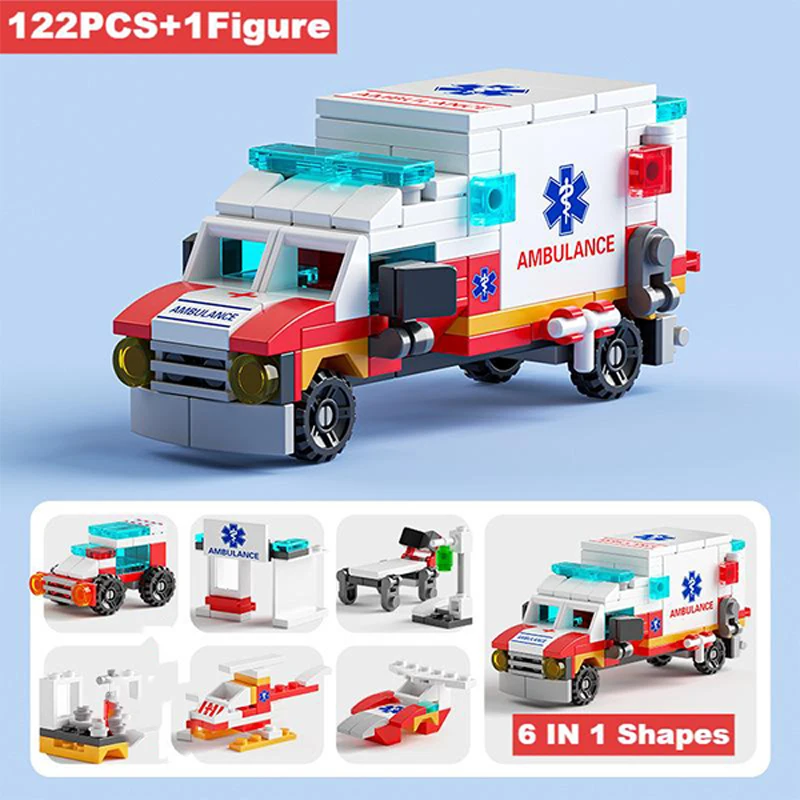 

MOC 6 in1 Ambulance Escort Car Helicopter Paramedic Doctor Mini Loader Truck Classic Model Building Blocks Sets Bricks Toy City