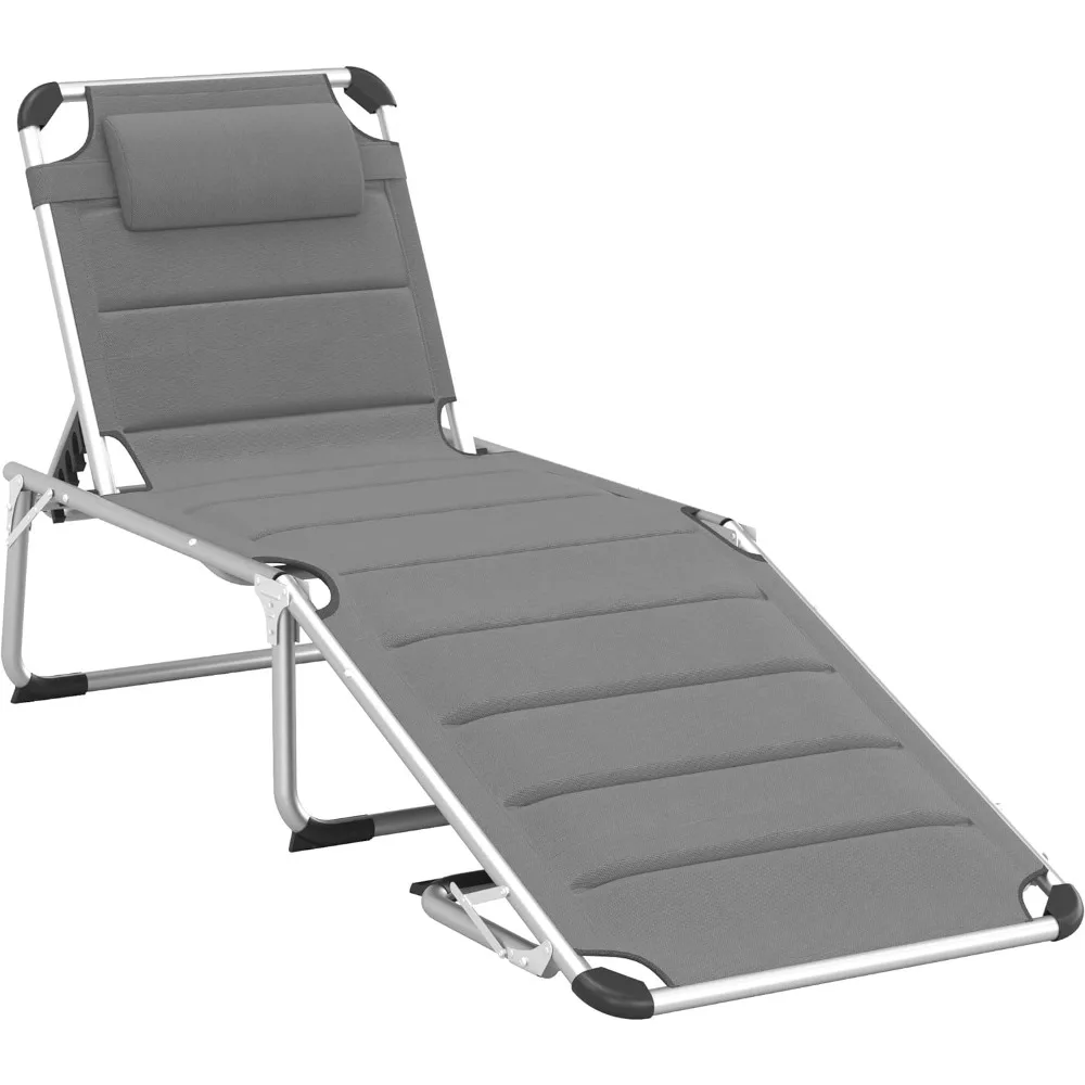 Foldable Outdoor Chaise Lounge Chair, 5-Level Reclining Camping Tanning Chair with Aluminum Frame, Padding