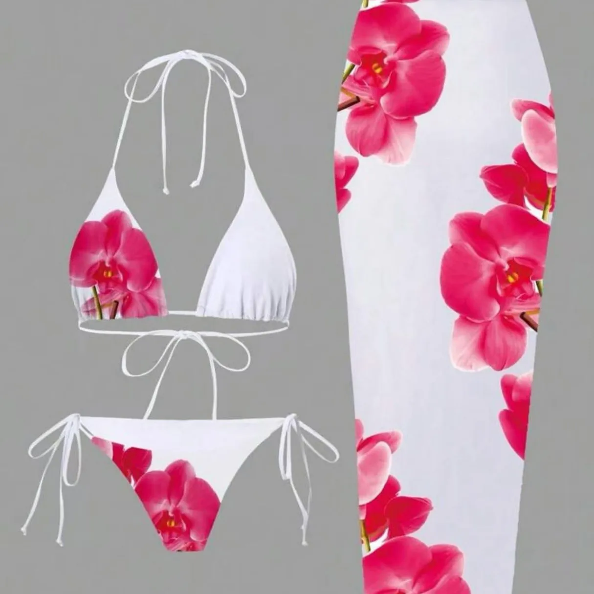 Sexy Printed Three-piece Swimsuit Charm Lily Fixed Printing  Burkini 3 Pieces Bathing Suit Women Modest Biquini Dress Cover Ups