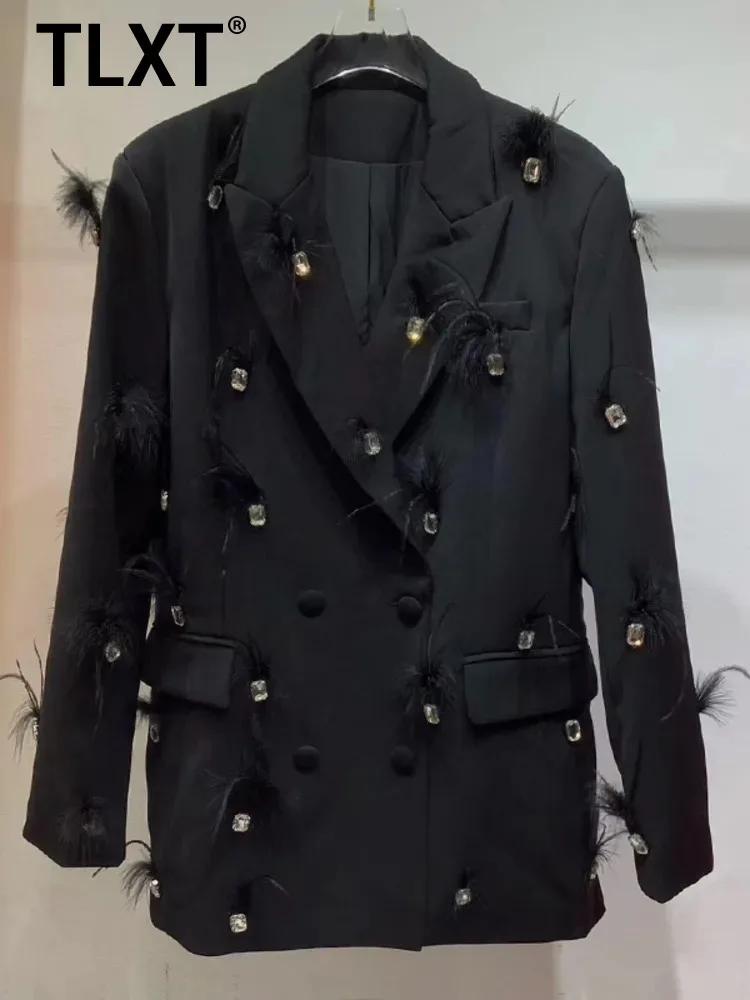 

TLXT Solid Color Notched Collar Long Sleeve Patchwork Feather Blazer For Women 2025 Spring Fashion Female New Tops XK923