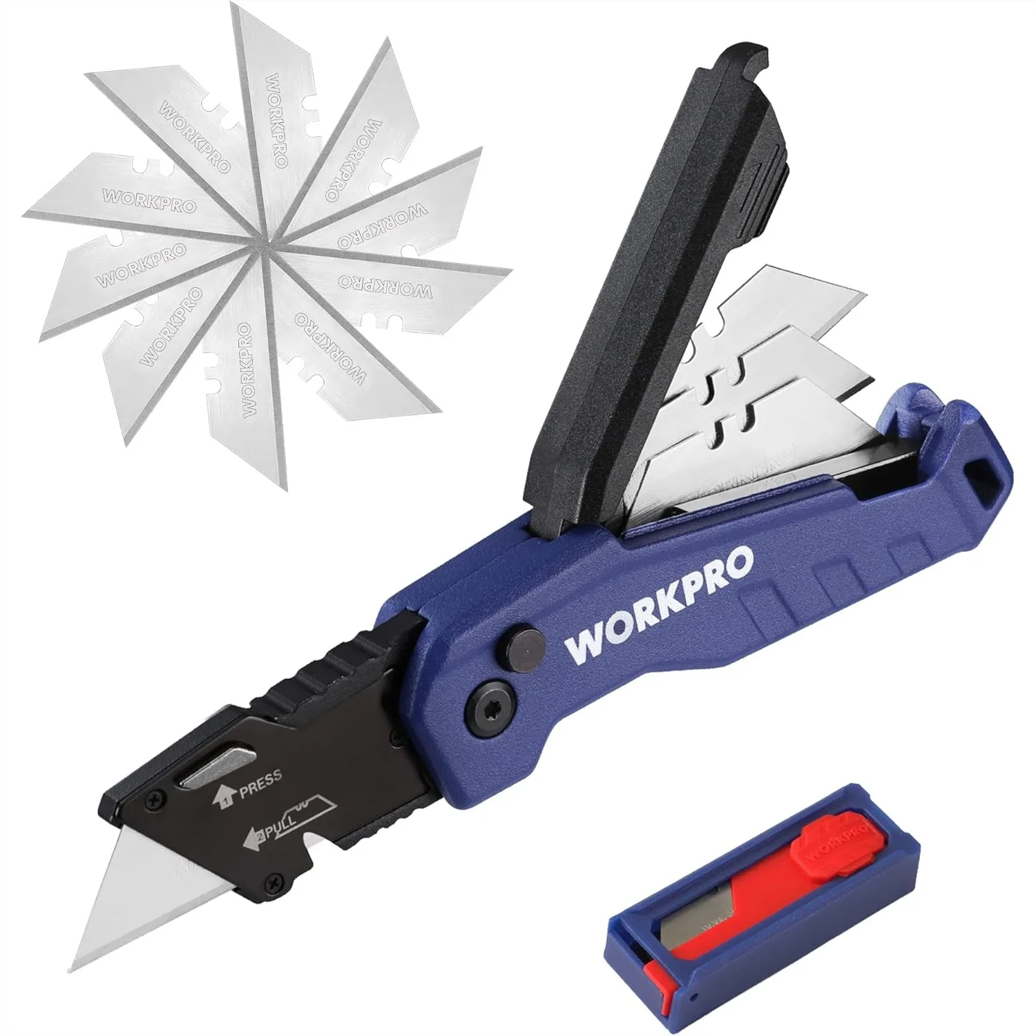 

Folding Utility Knife With Quick Change Box Cutter, Razor Knife For Cartons Cardboard Boxes, Blade Storage In Aluminum Handle, 13 Extra Blades Included, Blue