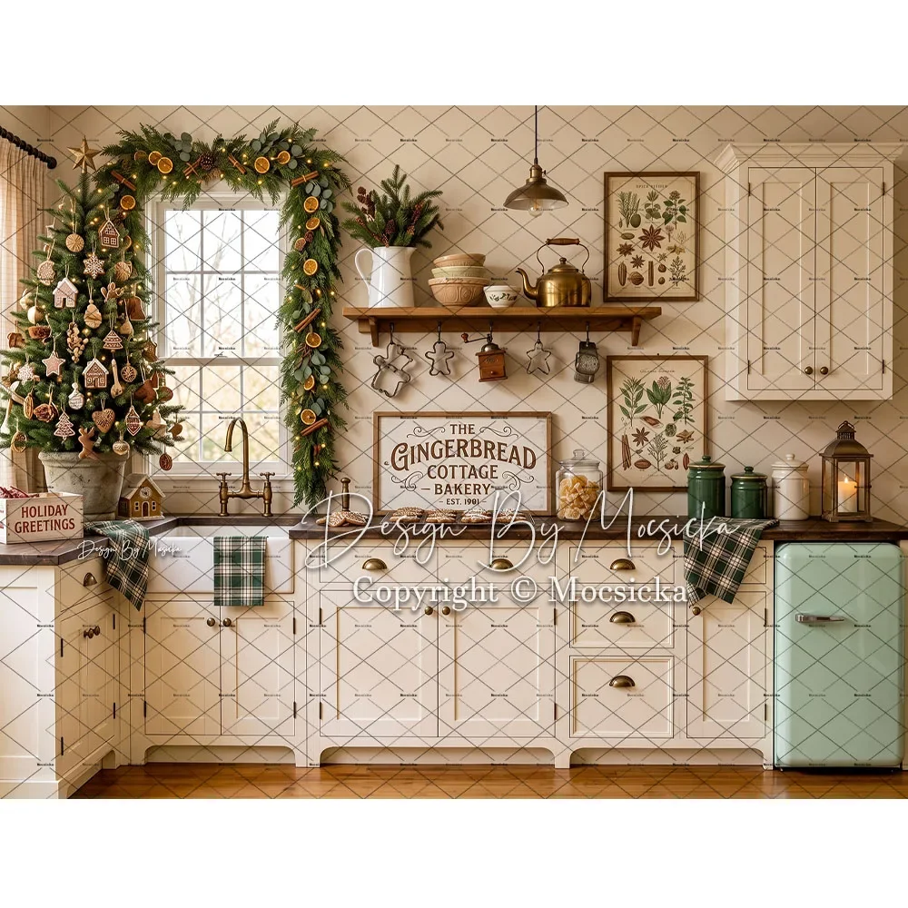 Mocsicka White Christmas Kitchen Backdrop Photography Xmas Gingerbread Bakery Wreath Vintage Background Family Kid Studio Photo