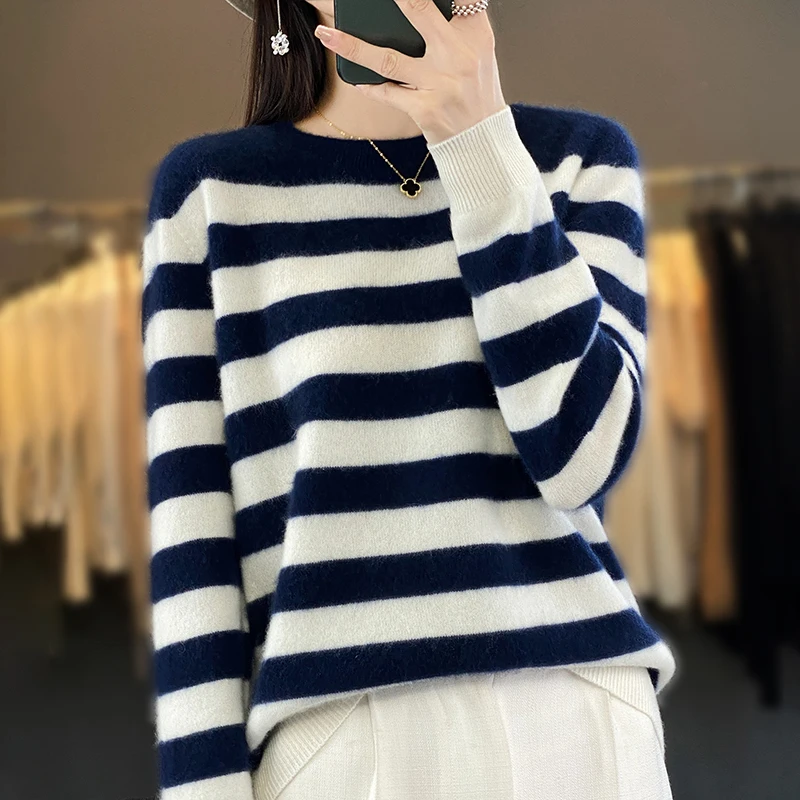 Women\'s Sweater Winter 100% Pure Wool Hoodie Casual Striped Knitted Blouse Round Neck Loose Tops Versatile Basic Base Sweater