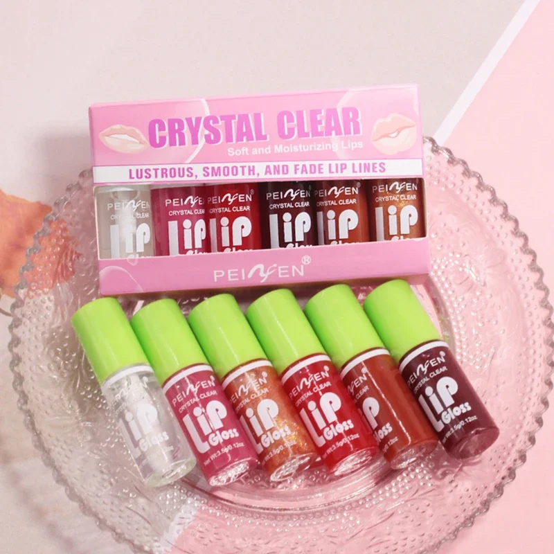 6Pcs Glass Mirror Lip Gloss Set Hydrating Lightweight Lip Balm Glossy Shimmer Sheer Tint Peach Cherry Pink Water Mist Lipstick