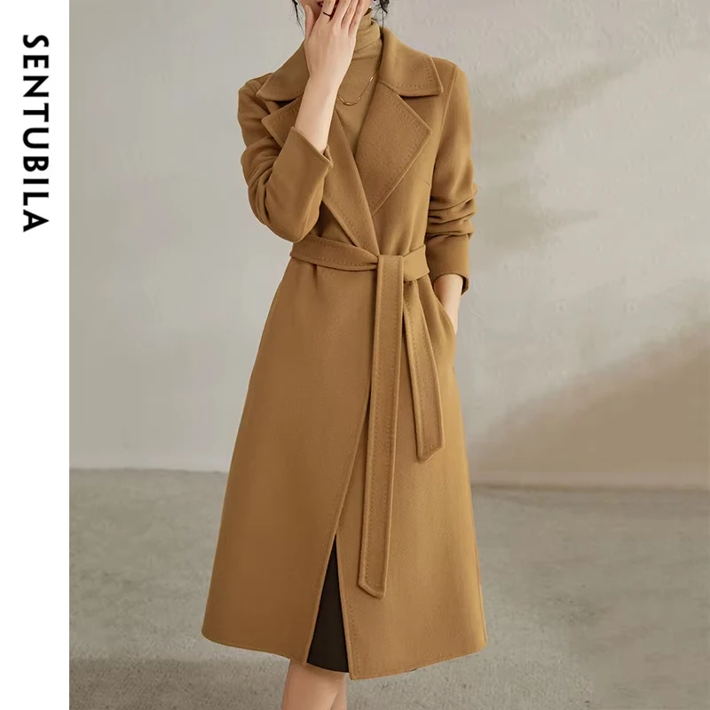 

SENTUBILA Women 100% Wool Long Wrap Coat 2024 Elegant Notched Collar Belted Warm Double Faced Woolen Winter Overcoat W24O43352