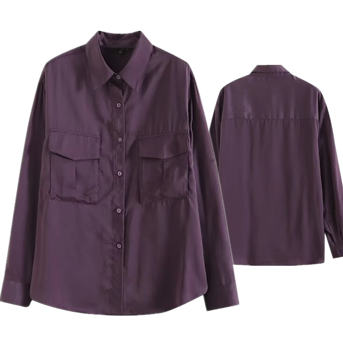 Withered Fashion Satin Shirt Women Spring Pockets Long Sleeved Purple Shirt Blouse Women Tops