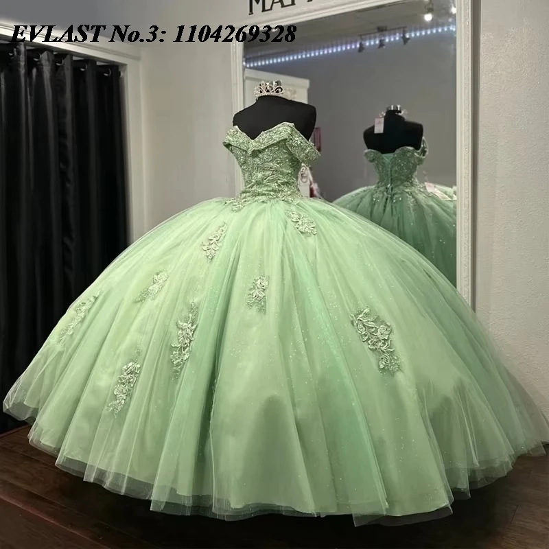 

EVLAST Customized Shiny Sage Green Mexican Quinceanera Dress Ball Gown Lace Applique Beading Sweet 16 Vestido De 15 Anos E3Q161