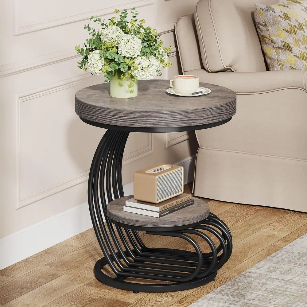 

Round End Table, 2Tier Farmhose Wood Side Table with Shelf Storage, Small Sofa Side Bedside Nightstand, ArcShaped Frame Accent