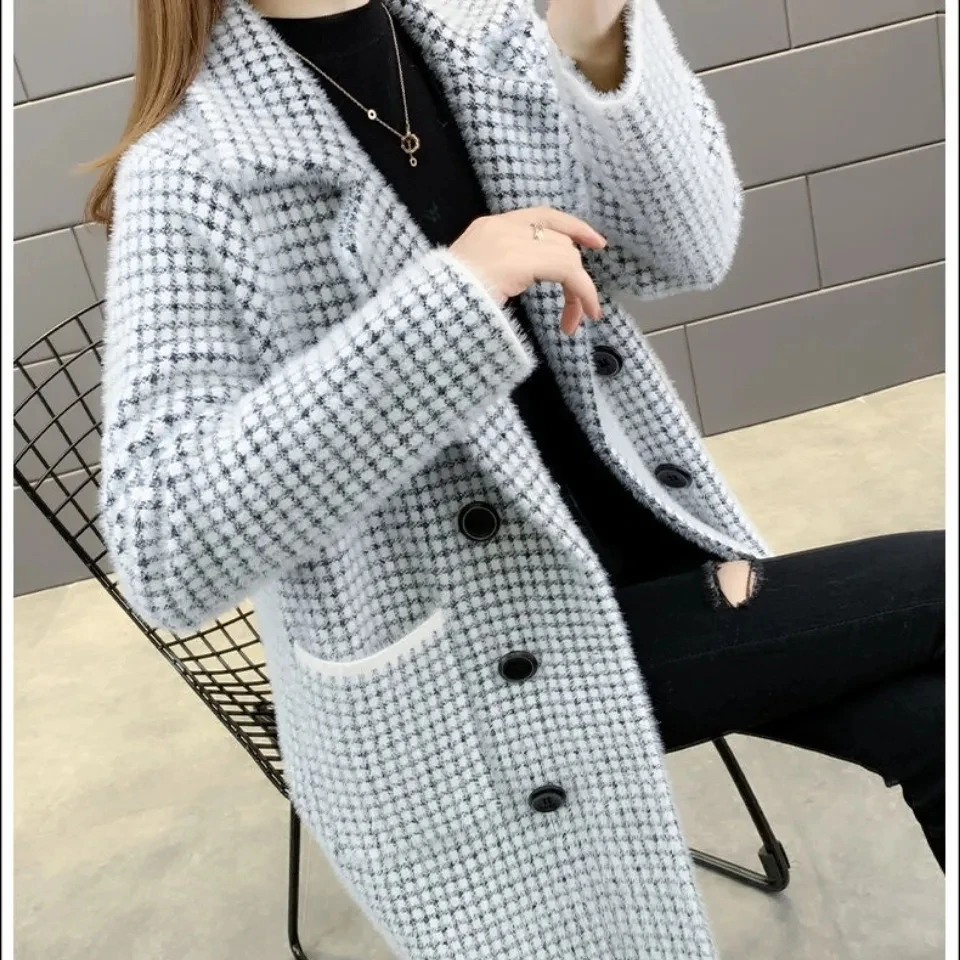 Imitation mink velvet coat women's medium long plaid coat autumn winter thick loose suit collar warm autumn winter coat