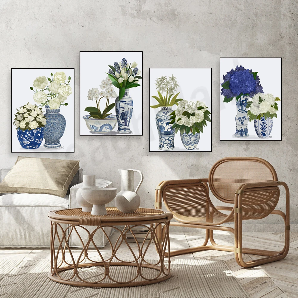 Chinese-style vase printing, blue and white porcelain, Hampton style, floral art, hydrangea and orchid plant decoration posters