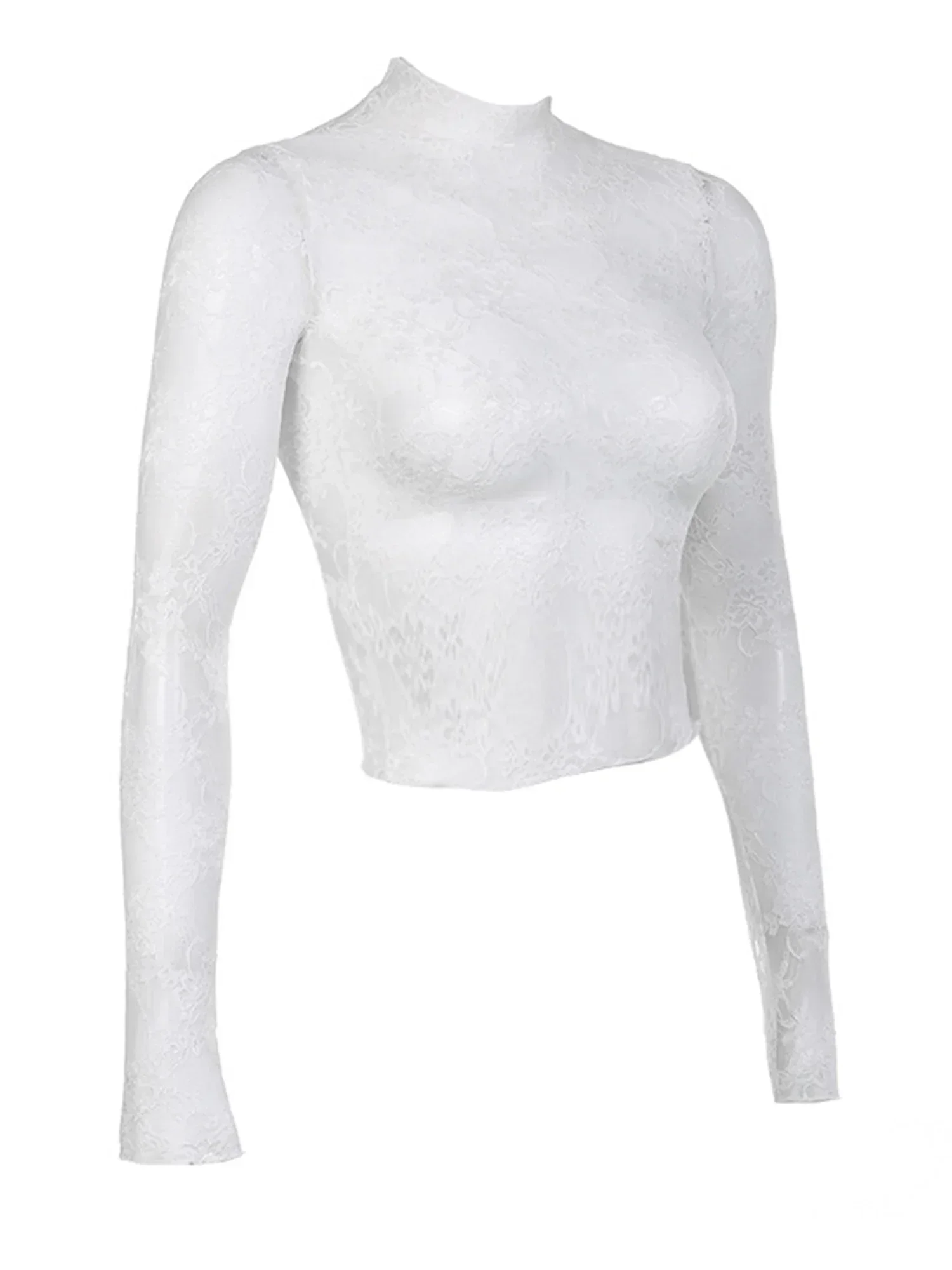 Women Sheer Mesh Long Sleeve Top Turtleneck Embroidery Lace Tops Y2k Slim Fit See Through Going Out Tee Shirt Beach Cover ups