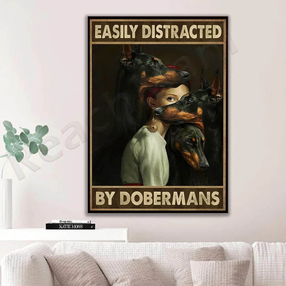 Easily distracted by doberman poster, doberman and girl painting wall art, doberman mom print, gift for dog lovers