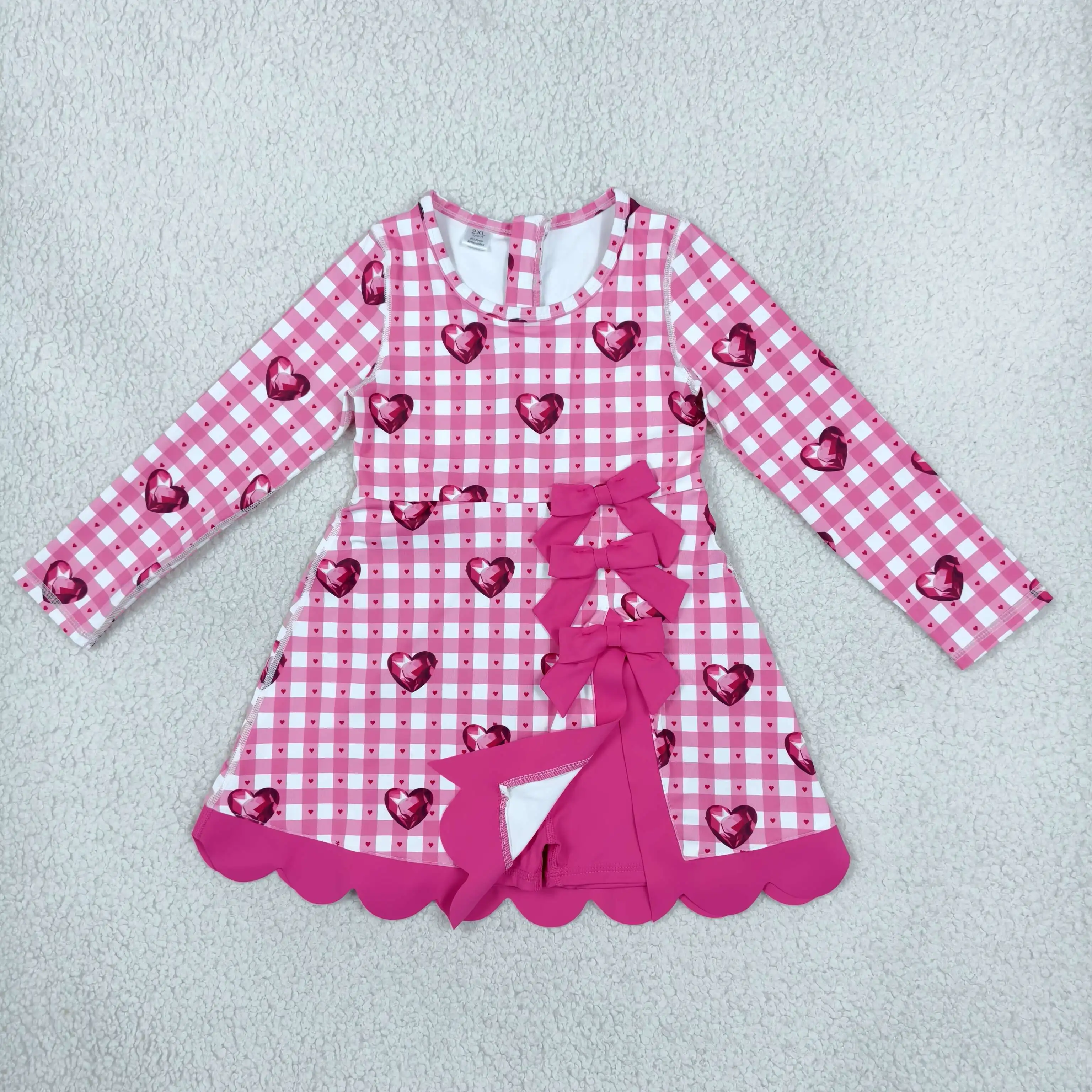 Wholesale Toddler Infant Long Sleeves Hearts Checked Valentine Dress Kids Shorts Yoga Clothing Baby Girl Active Bows Clothes