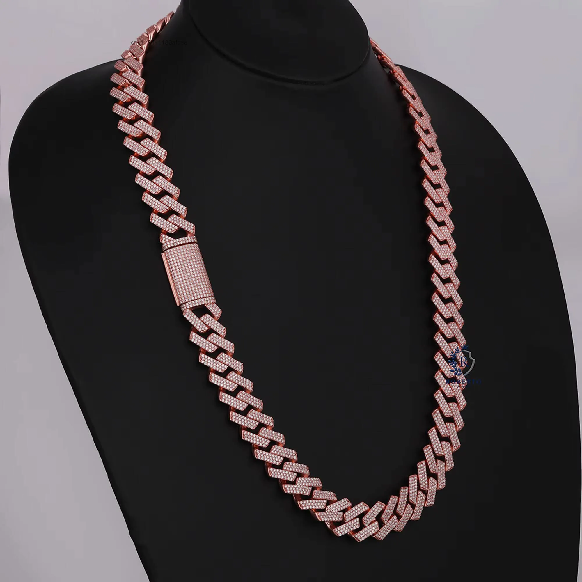 Hip Hop Moissanite Cuban Link Chain 10Kt Rose Gold Bling Prong Set Mens Diamond Necklace.