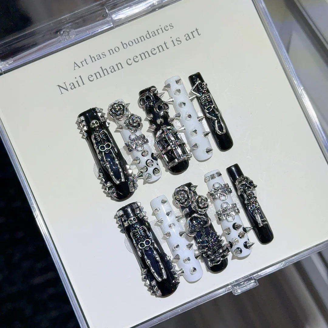10pcs Handmade Long Coffin Press on Nails Halloween Cyberpunk Dark Rivet Design False nails European Heavy Metal Fake Nail Tips
