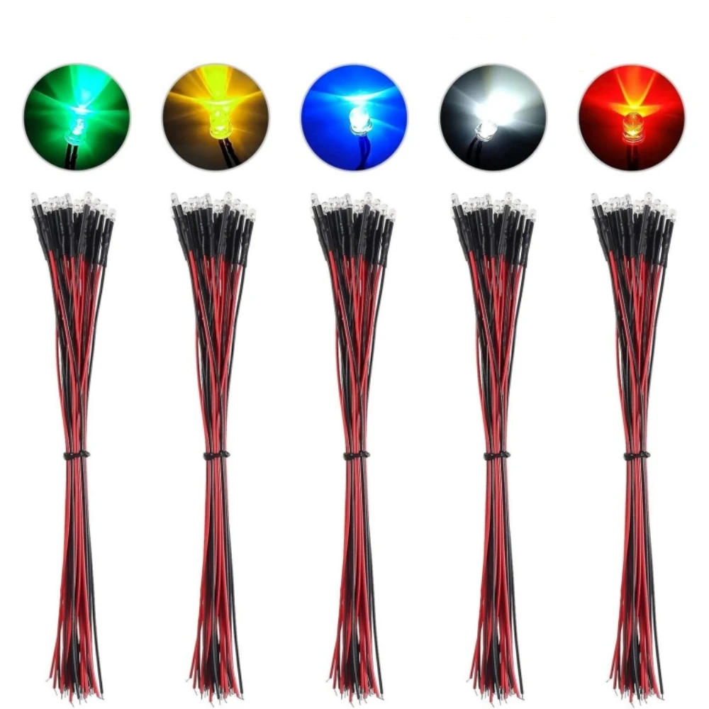 10/50 قطعة 3 مللي متر الثنائيات الباعثة للضوء LED حبة مع سلك تيار مستمر 5 فولت-12 فولت مصباح ليد ديكور ل RC الزاحف سيارة Traxxas TRX4