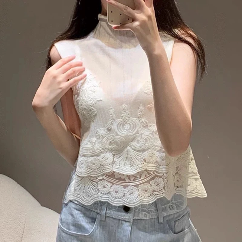 

Lace embroidery splicing wool knit Vest temperament elegant high neck sleeveless women's tops 2025 summer new