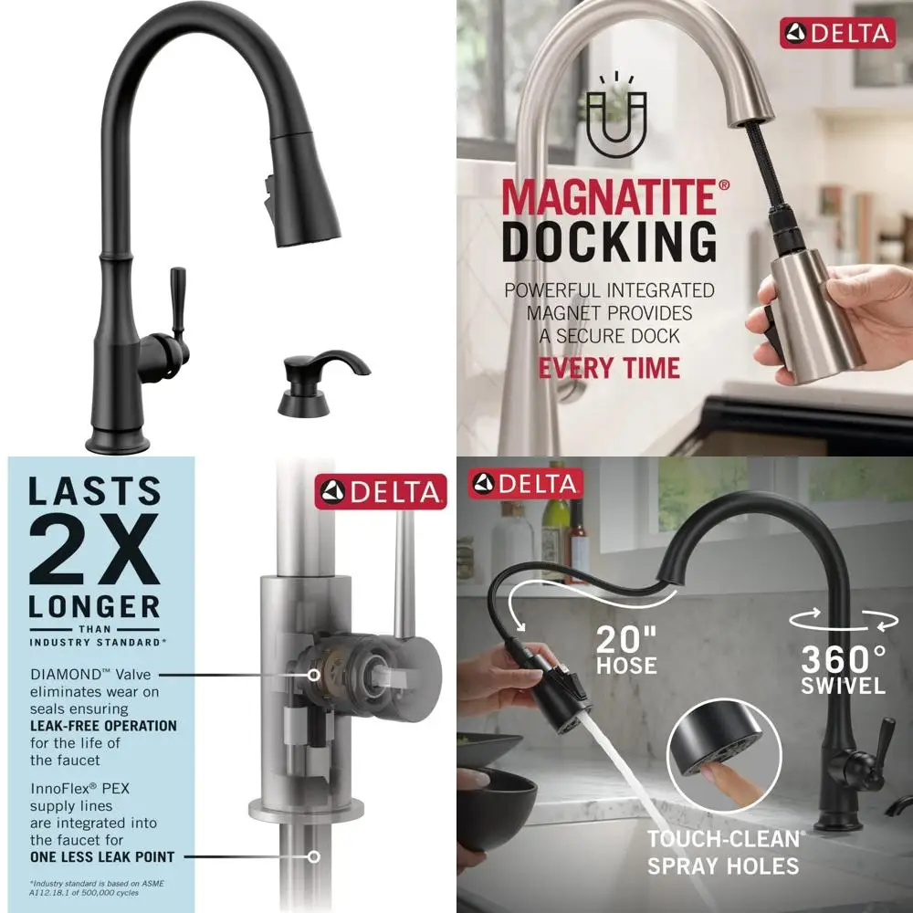 Rubinetto da cucina moderno monoforo nero opaco con spray estraibile e dispenser di sapone