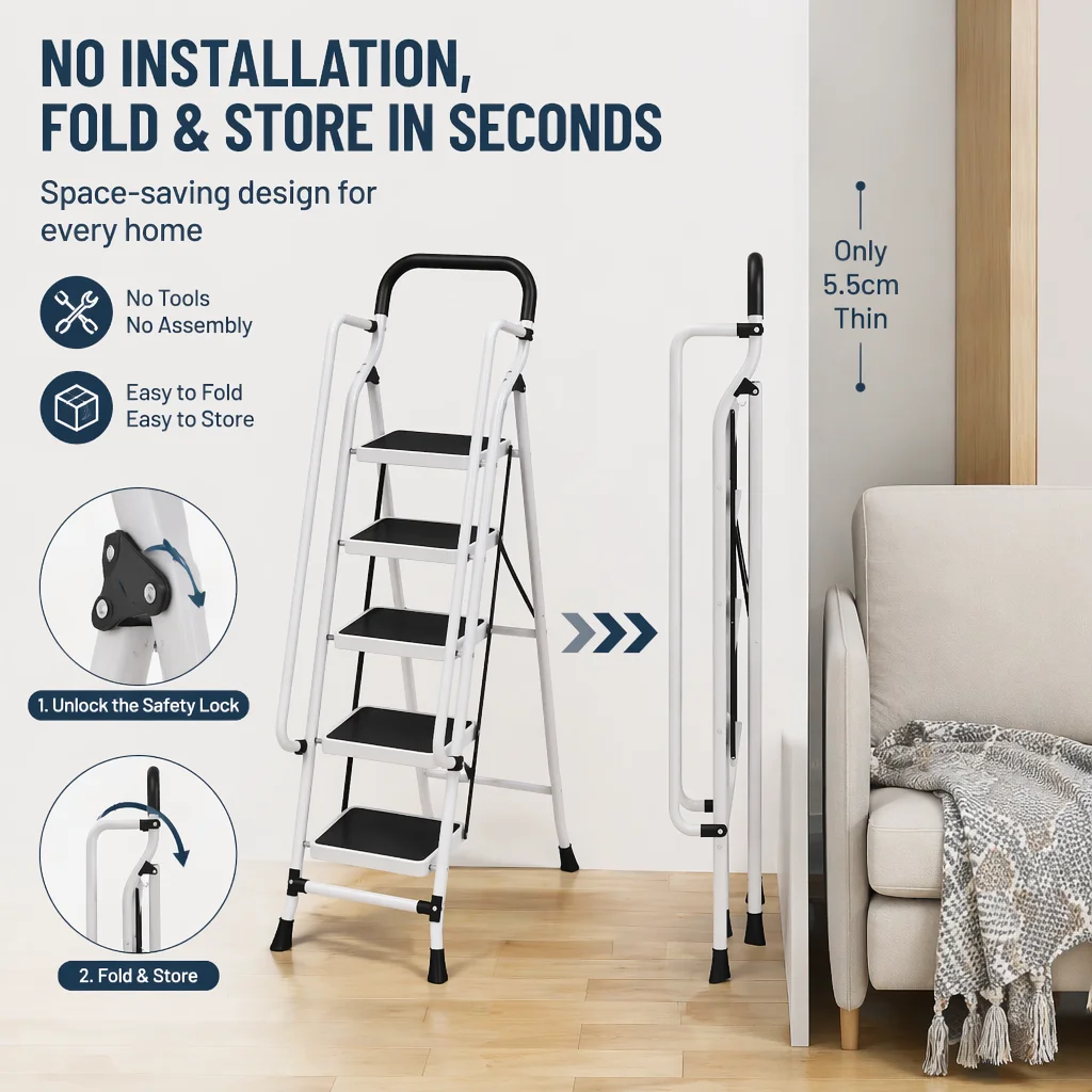 4 5 6 Step Folding Ladder with Handrails Wide Anti Slip Steps Heavy Duty Steel Step Stool Portable Space Saving Ladder for Home Kitchen Pantry Closet Garage Office Indoor Household Use Stable Safety Support Lightweight Foldable Design for Adults White