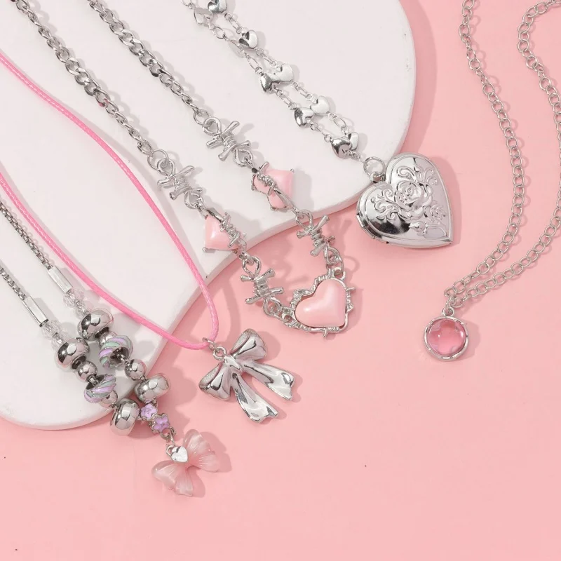 5-piece pink heart-shaped pendant bow necklace set silver wire heart-shaped bead chain Y2K women's stackable necklace