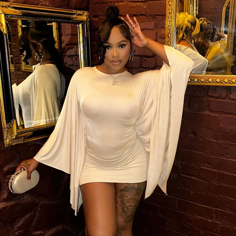 CUTENOVA donna nuovo arrivo tinta unita casual aderente aderente manica a pipistrello manica lunga girocollo moda strada mini abito