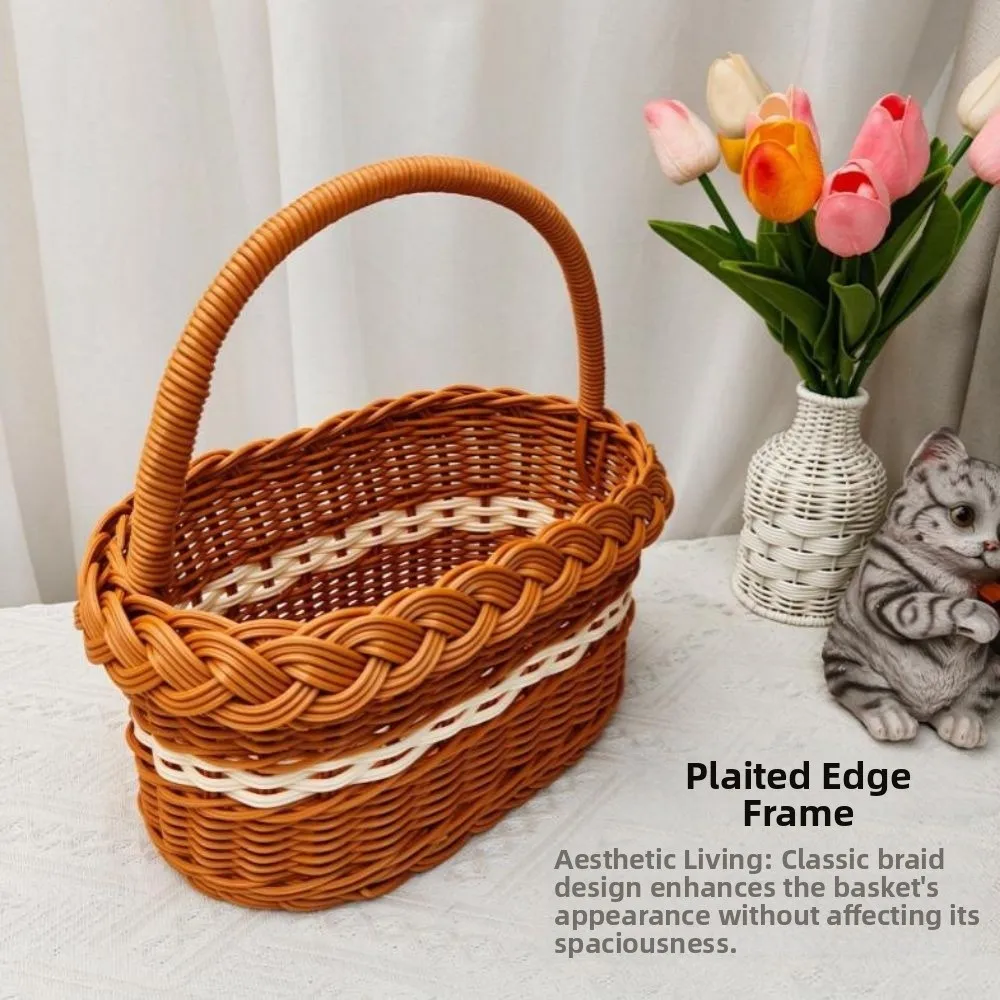 with Handle Imitation Rattan Handhold Household Handwoven Braid Storage Baskets 2 Sizes Retro Weaving Flower Basket