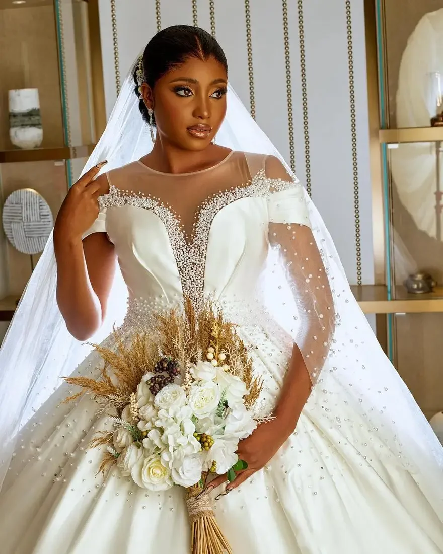 Customized Off the Shoulder Sparkly Pearls Ballgown Wedding Dress For Bride Robe De Mariée Satin Puffy African  Bridal Gown