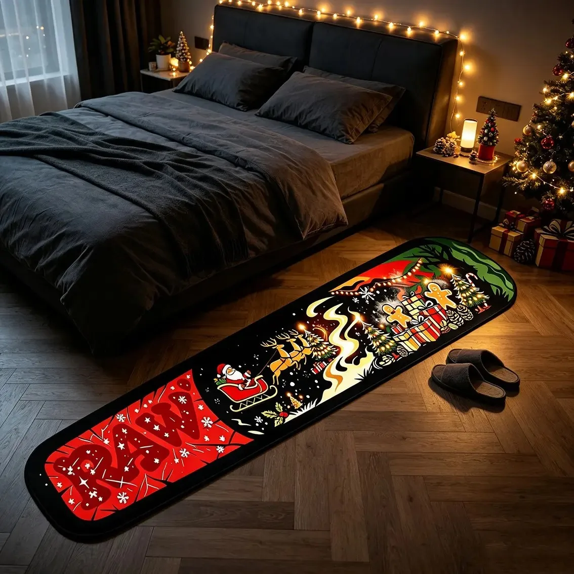 VIKAMA Cigarette Shaped Runner Rug Holiday Cartoon Graphic Print Non‑Slip Long Floor Mat for Bedroom Home Decor
