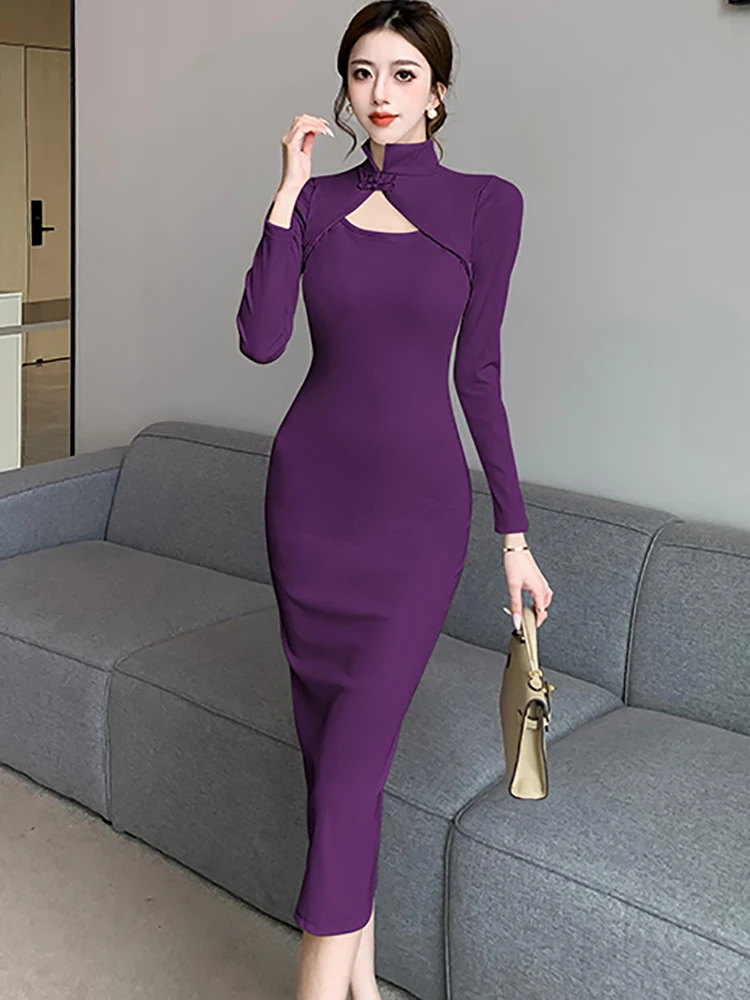 Herfst Winter Paarse Lange Mouw Chique Uitgehold Sexy Lange Jurk Vrouwen Vintage Bodycon Prom Kleding 2024 Koreaanse Elegante Vestidos